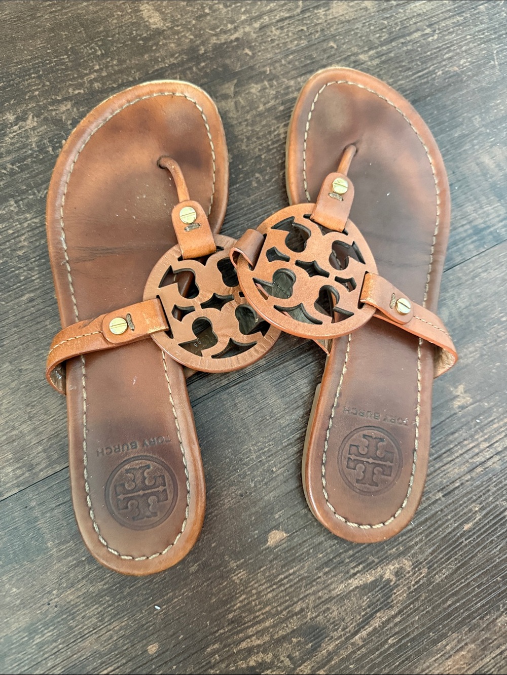 Tory Burch Tan Leather Logo Thong Sandals